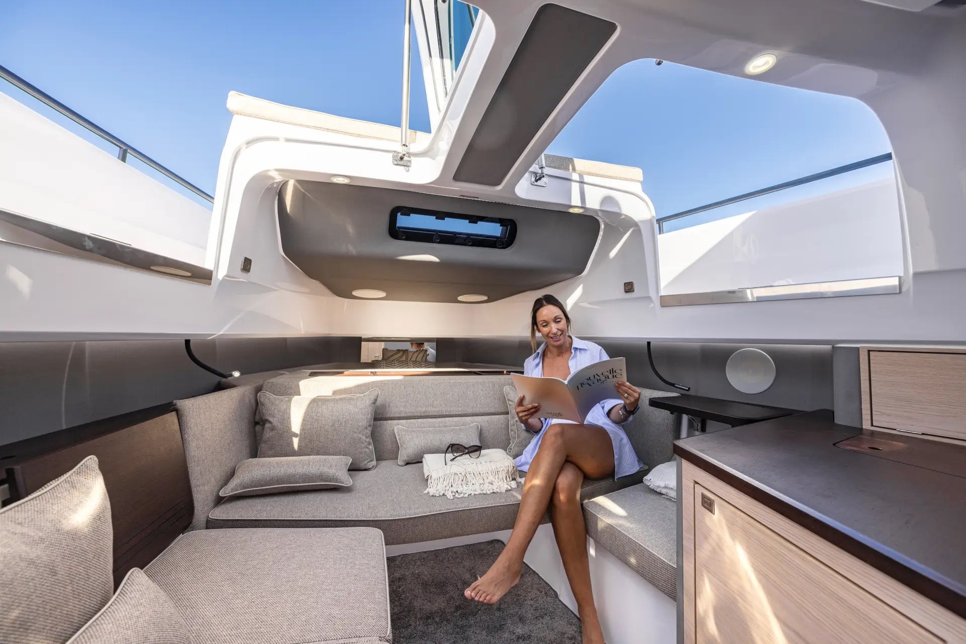 Interior cabin lounge of the Axopar 45 Cross Top